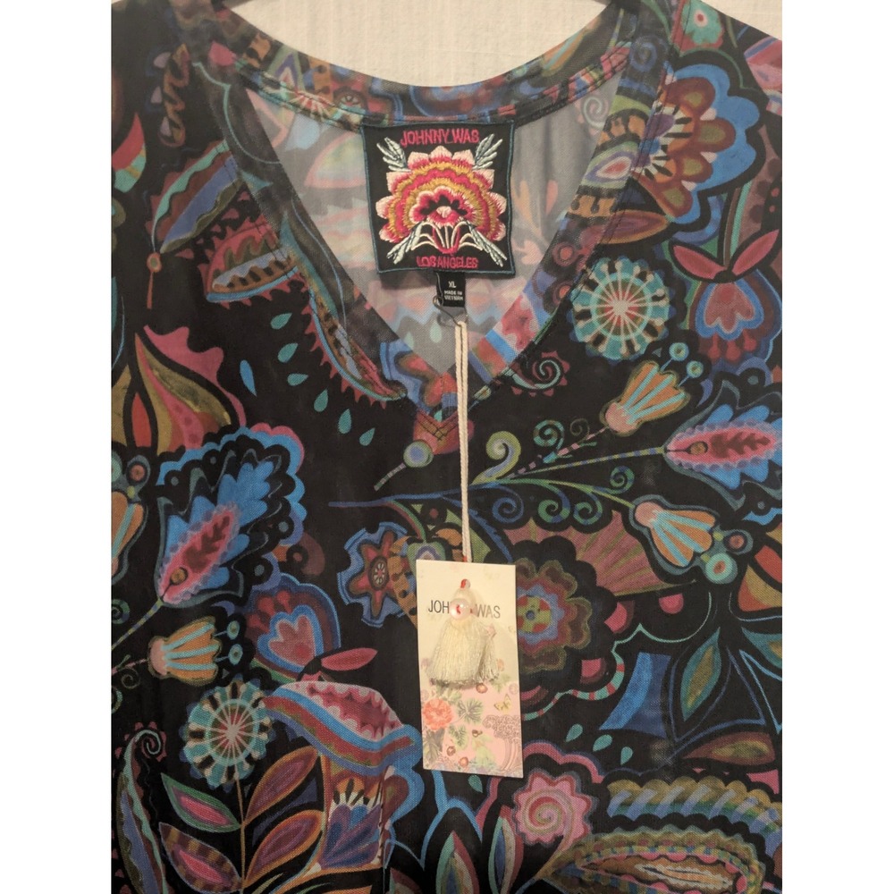 Johnny Was Silvana Multicolor V-Neck Long Sleeve Mesh Tee Floral Paisley New XL - Picture 5 of 6